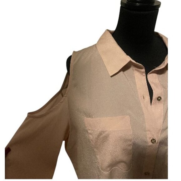 CALVIN KLEIN COLD SHOULDER BUTTON-UP BLOUSE - Picture 2 of 4